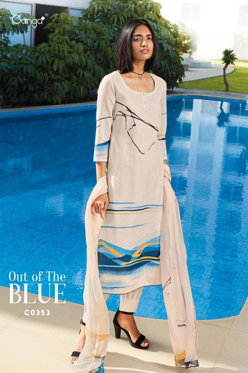 OUT OF THE BLUE BY GANGA FASHION 348 TO 352 SERIES DESIGNER SUITS BEAUTIFUL STYLISH FANCY COLORFUL PARTY WEAR & OCCASIONAL WEAR PURE LINEN DIGITAL PRINT DRESSES AT WHOLESALE PRICE